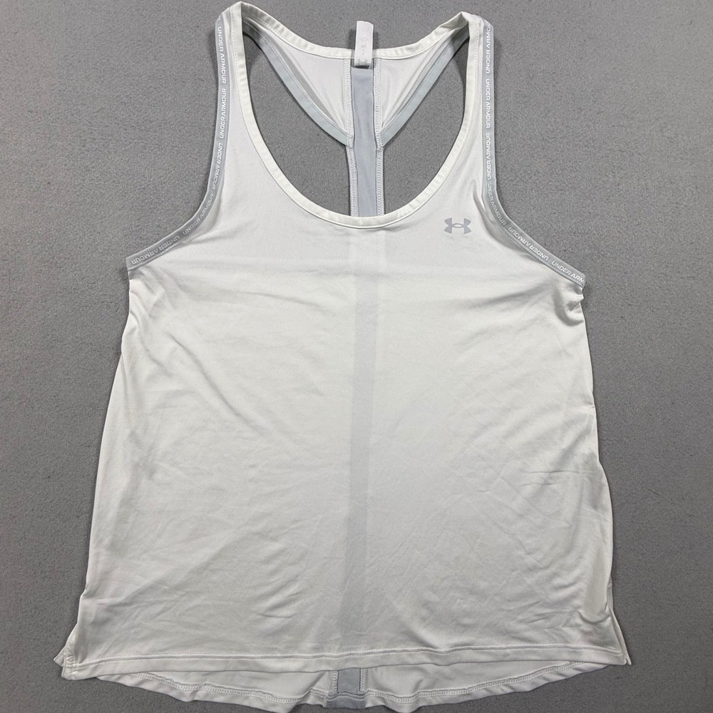 Under Armour Womens White HeatGear Racerback Athletic Tank Top Loose Fit Small